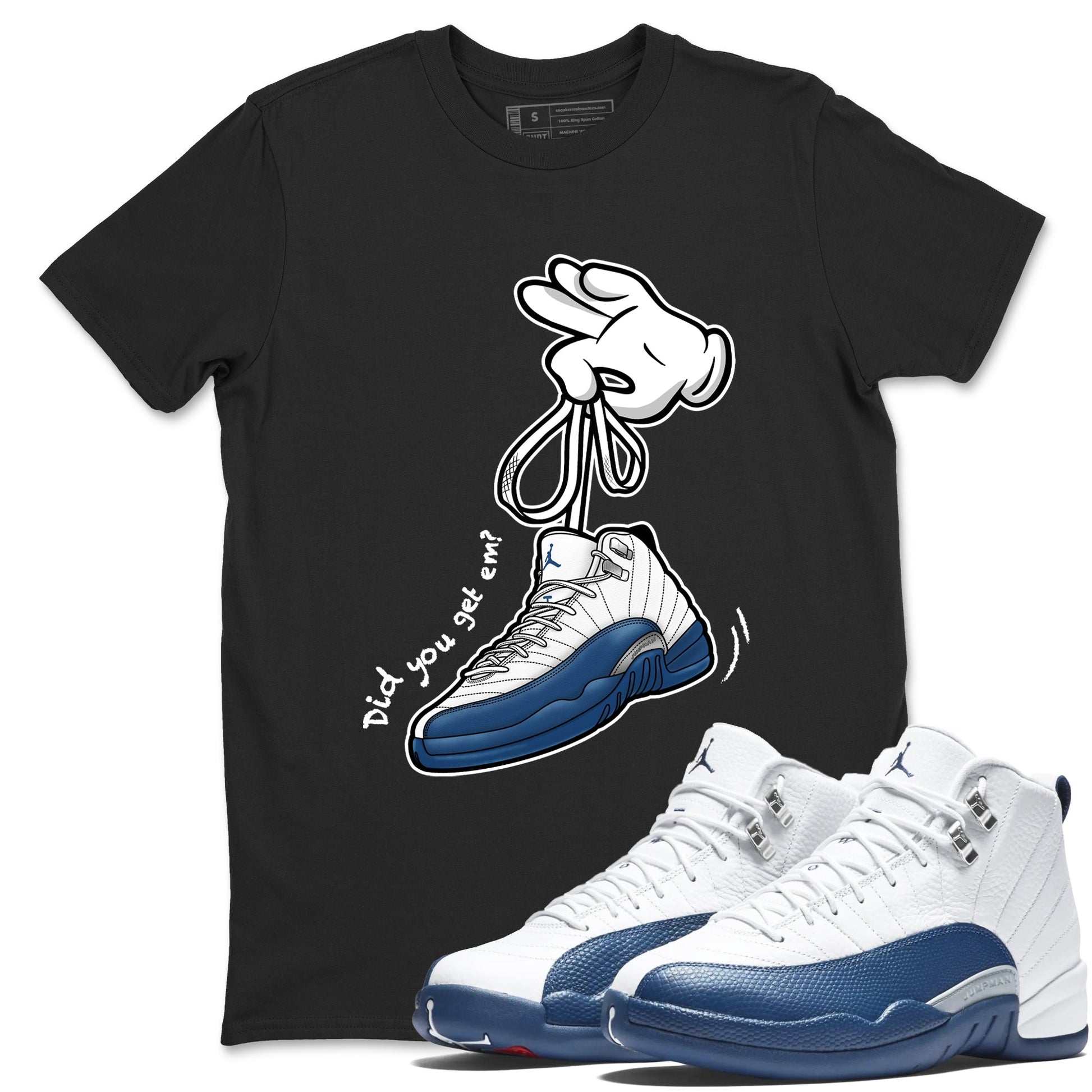 Cartoon Hands sneaker match t-shirt styled to complete your fit with the Air Jordan 12 French Blue sneakers, shown in Black 1.
