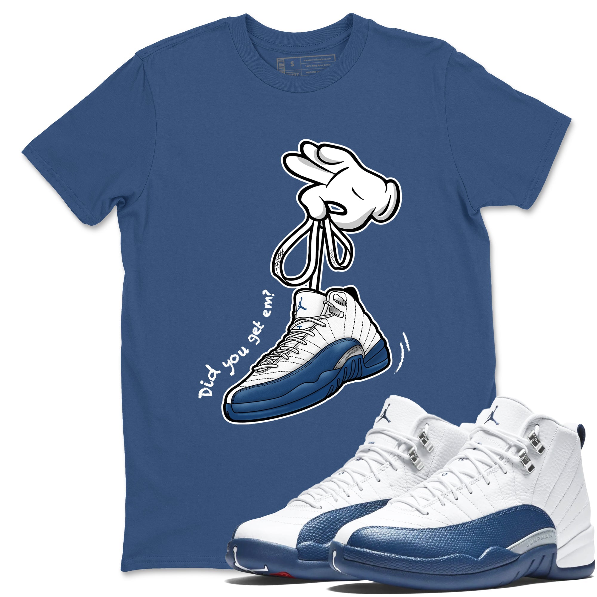 Cartoon Hands sneaker match t-shirt styled to complete your fit with the Air Jordan 12 French Blue sneakers, shown in Denim Blue 1.