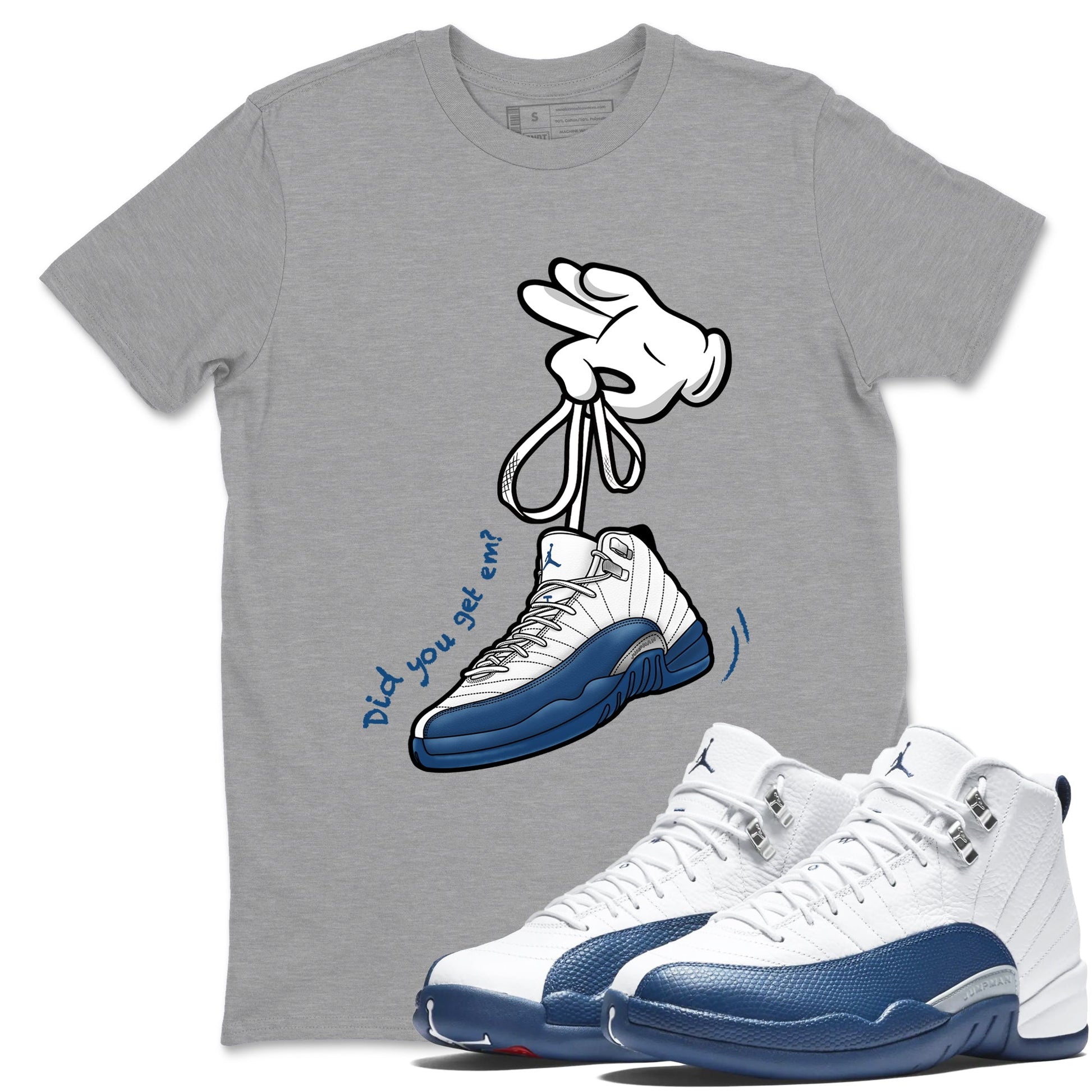 Cartoon Hands sneaker match t-shirt styled to complete your fit with the Air Jordan 12 French Blue sneakers, shown in Heather Grey 1.