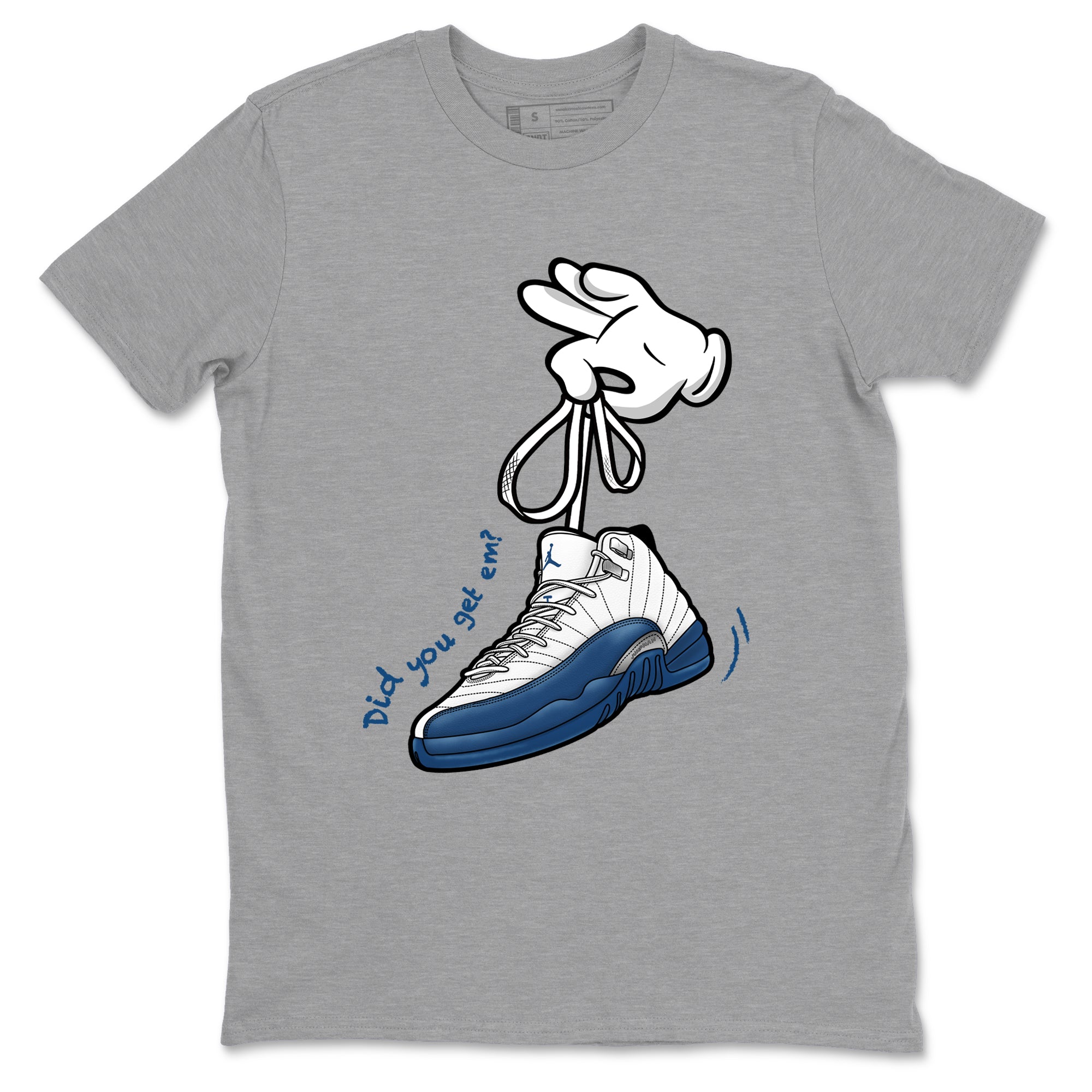 Cartoon Hands sneaker match t-shirt styled to complete your fit with the Air Jordan 12 French Blue sneakers, shown in Heather Grey 2.