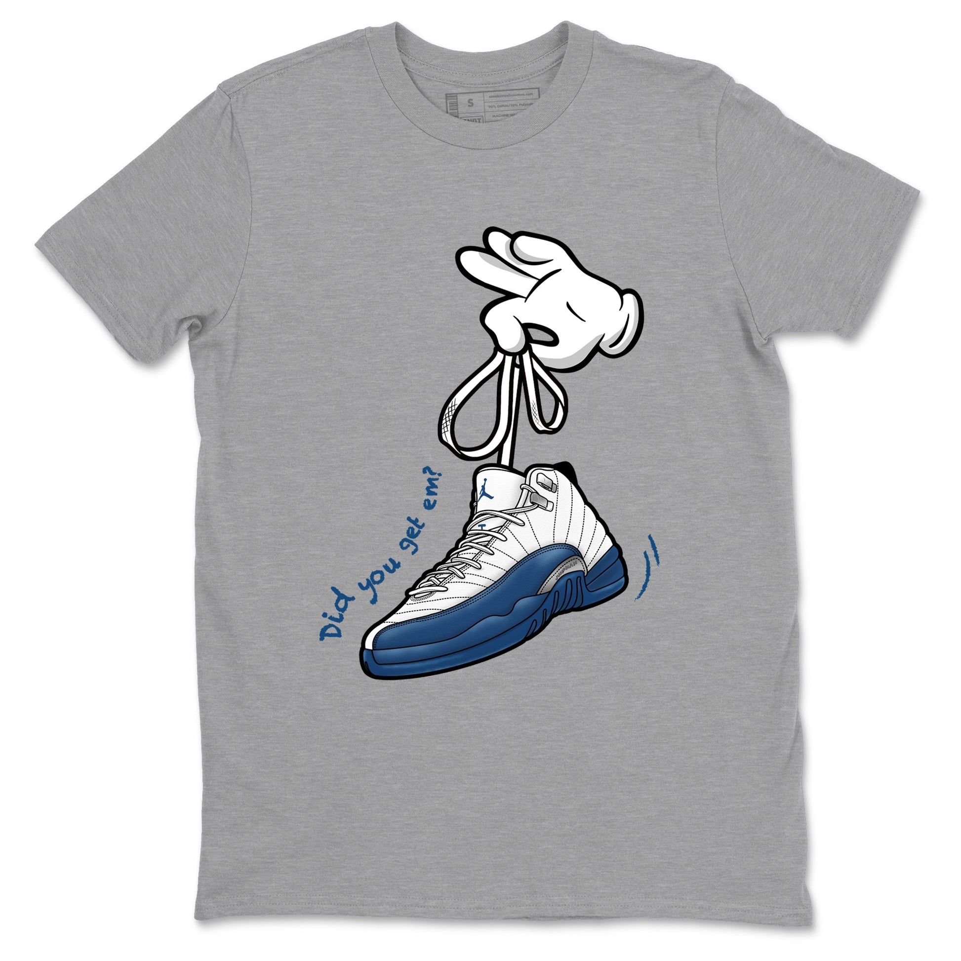 Cartoon Hands sneaker match t-shirt styled to complete your fit with the Air Jordan 12 French Blue sneakers, shown in Heather Grey 2.