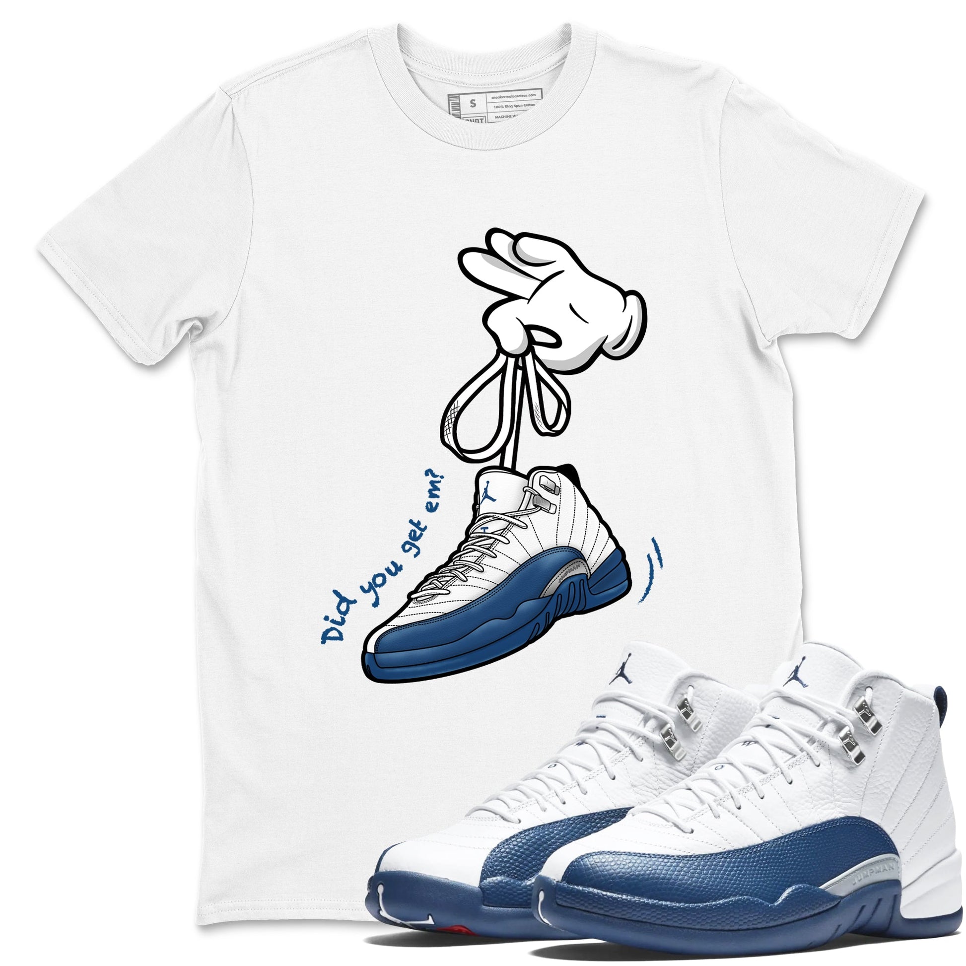 Cartoon Hands sneaker match t-shirt styled to complete your fit with the Air Jordan 12 French Blue sneakers, shown in White 1.