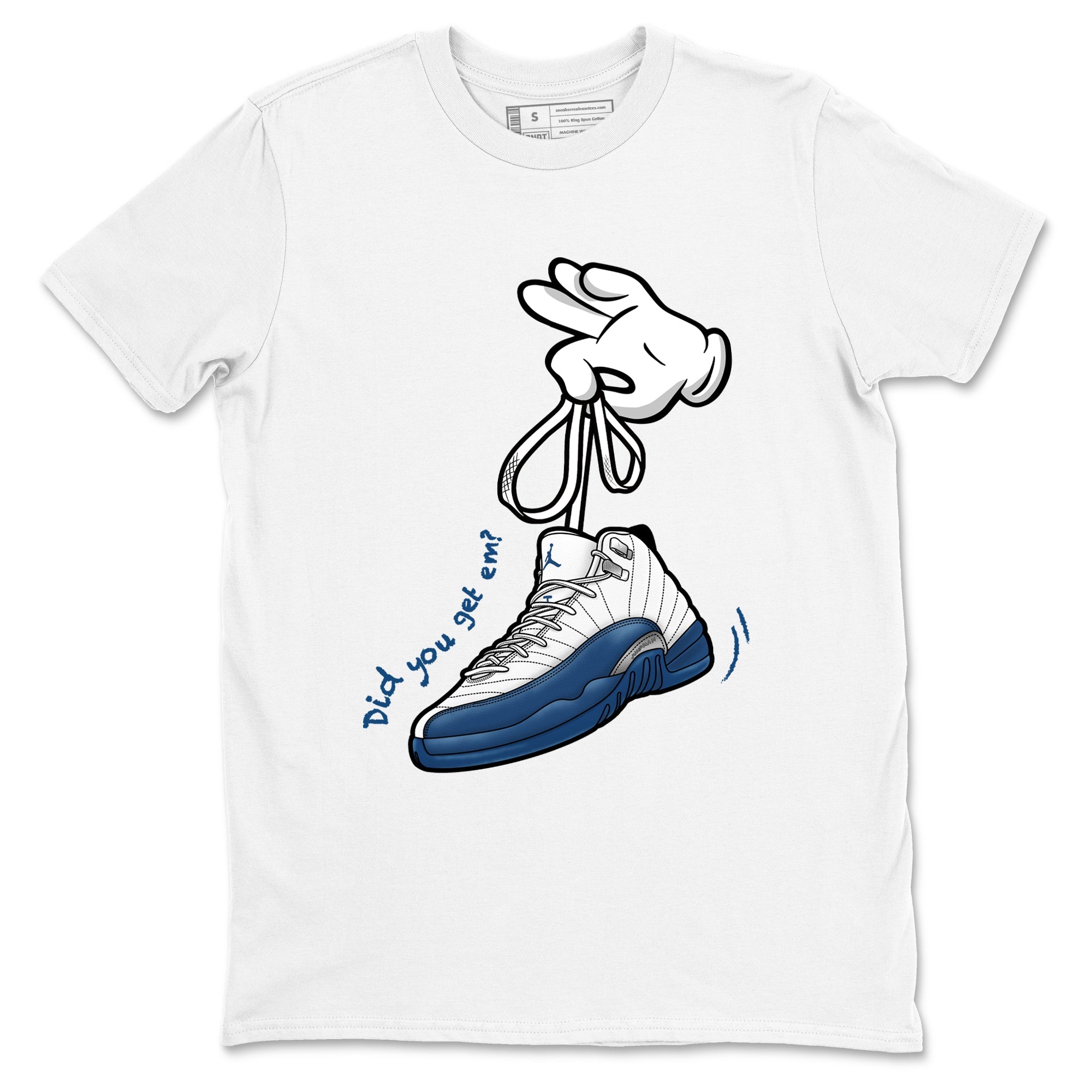 Cartoon Hands sneaker match t-shirt styled to complete your fit with the Air Jordan 12 French Blue sneakers, shown in White 2.