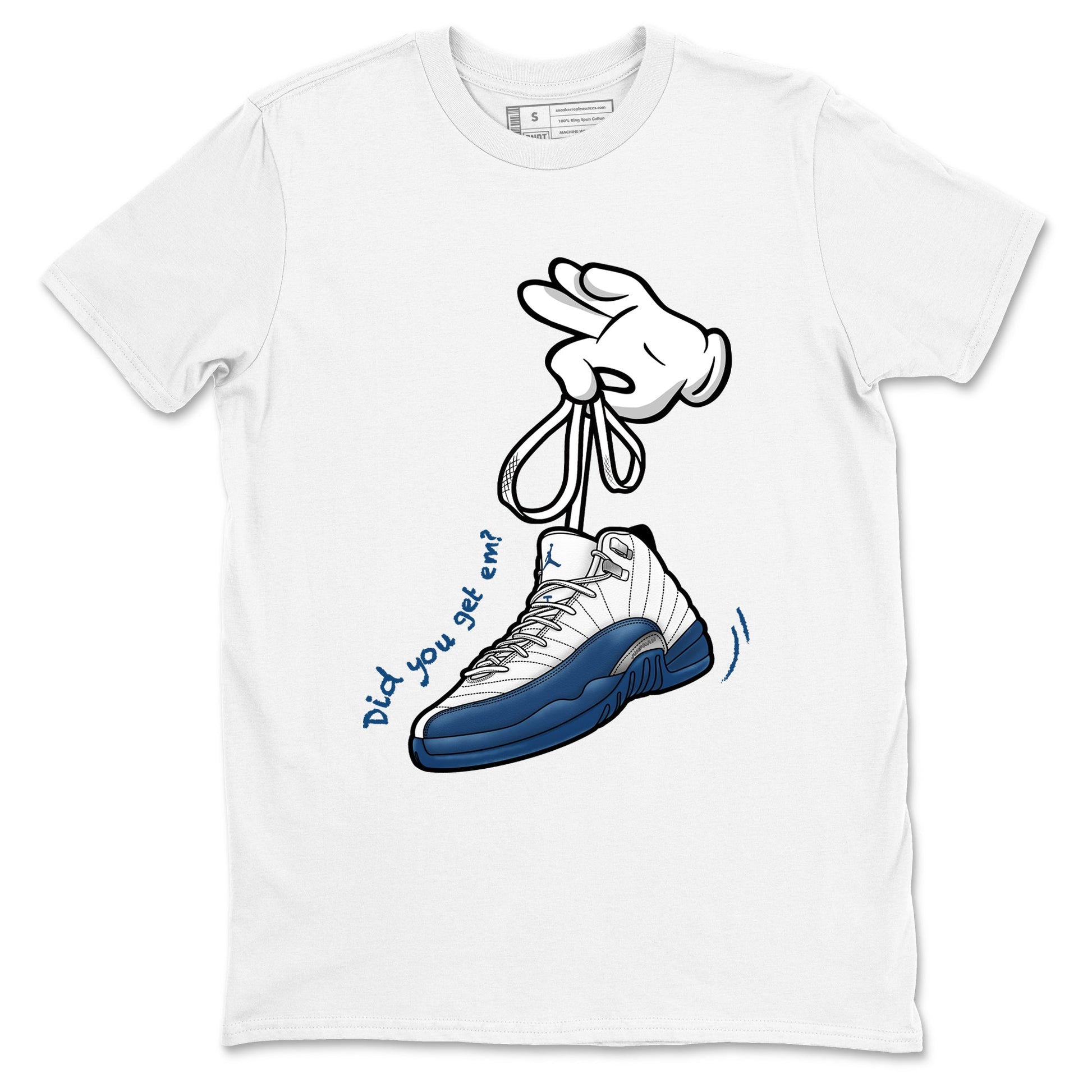 Cartoon Hands sneaker match t-shirt styled to complete your fit with the Air Jordan 12 French Blue sneakers, shown in White 2.