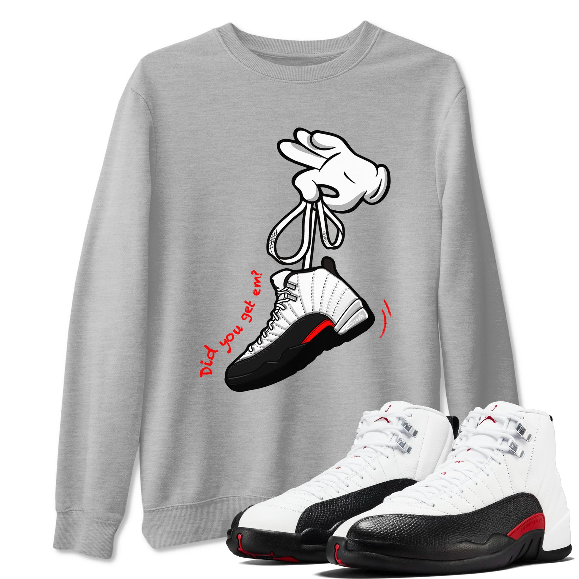 Air Jordan 12 Retro Taxi Flip shirts to match jordans Cartoon Hands sneaker match tees 12s Red Taxi SNRT sneaker release Tees unisex cotton Heather Grey 1 crew neck shirt