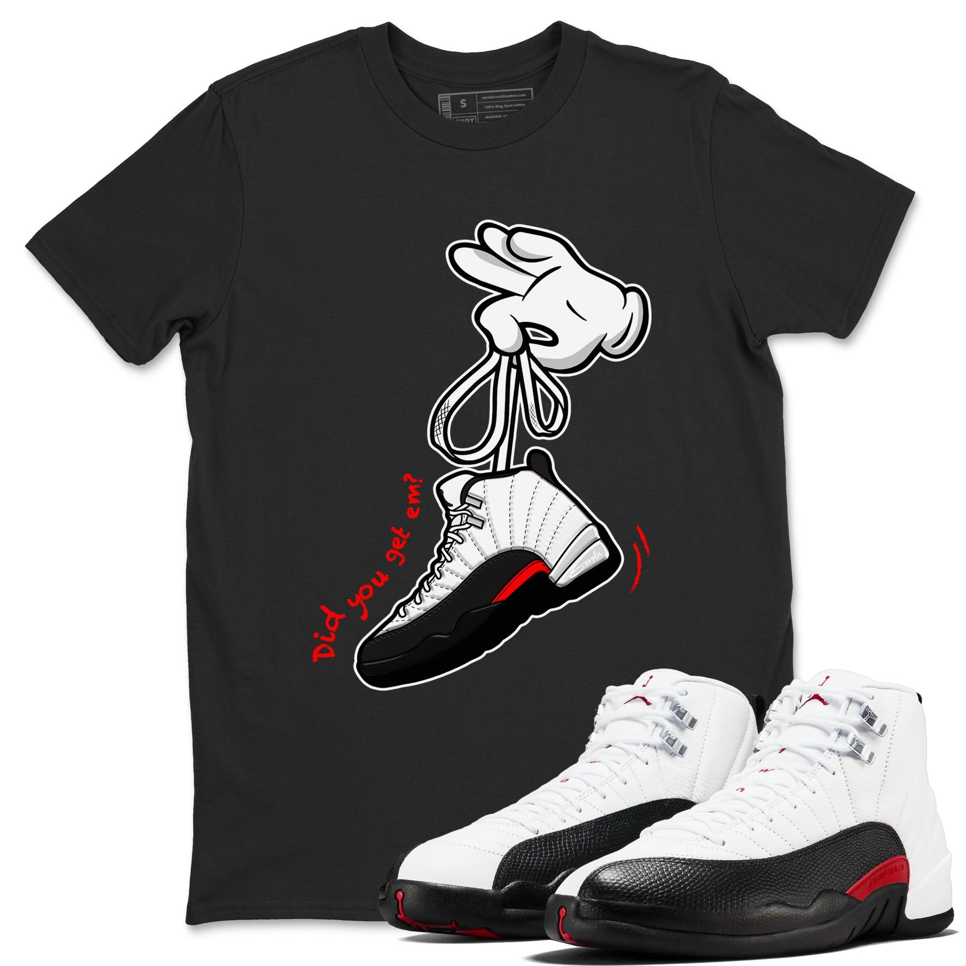 Air Jordan 12 Retro Taxi Flip shirts to match jordans Cartoon Hands sneaker match tees 12s Red Taxi SNRT sneaker release Tees unisex cotton Black 1 crew neck shirt