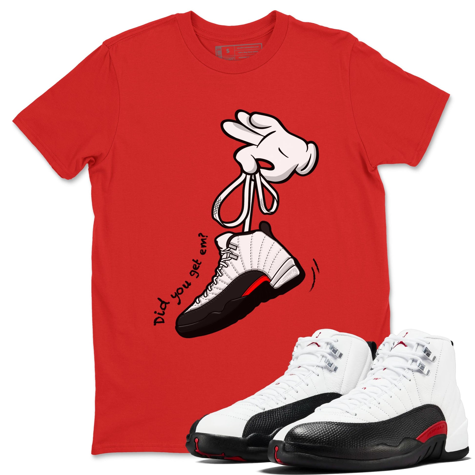 Air Jordan 12 Retro Taxi Flip shirts to match jordans Cartoon Hands sneaker match tees 12s Red Taxi SNRT sneaker release Tees unisex cotton Red 1 crew neck shirt