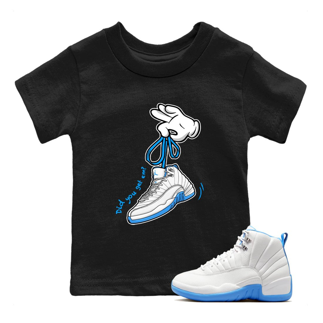 Cartoon Hands baby and kids t-shirt crafted for little sneakerheads to shine with the Air Jordan 12 White and University Blue sneakers, displayed in Black 1.