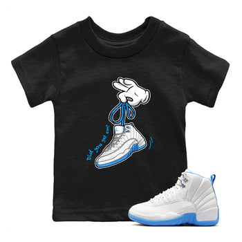 Cartoon Hands baby and kids t-shirt crafted for little sneakerheads to shine with the Air Jordan 12 White and University Blue sneakers, displayed in Black 1.