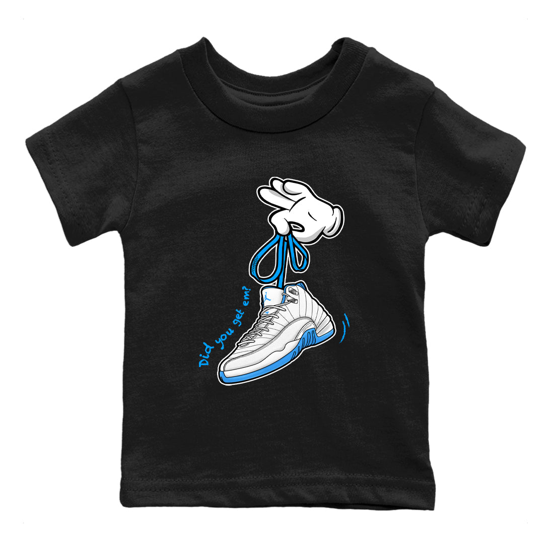 Cartoon Hands baby and kids t-shirt crafted for little sneakerheads to shine with the Air Jordan 12 White and University Blue sneakers, displayed in Black 2.