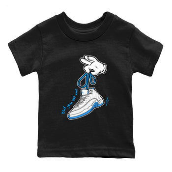 Cartoon Hands baby and kids t-shirt crafted for little sneakerheads to shine with the Air Jordan 12 White and University Blue sneakers, displayed in Black 2.