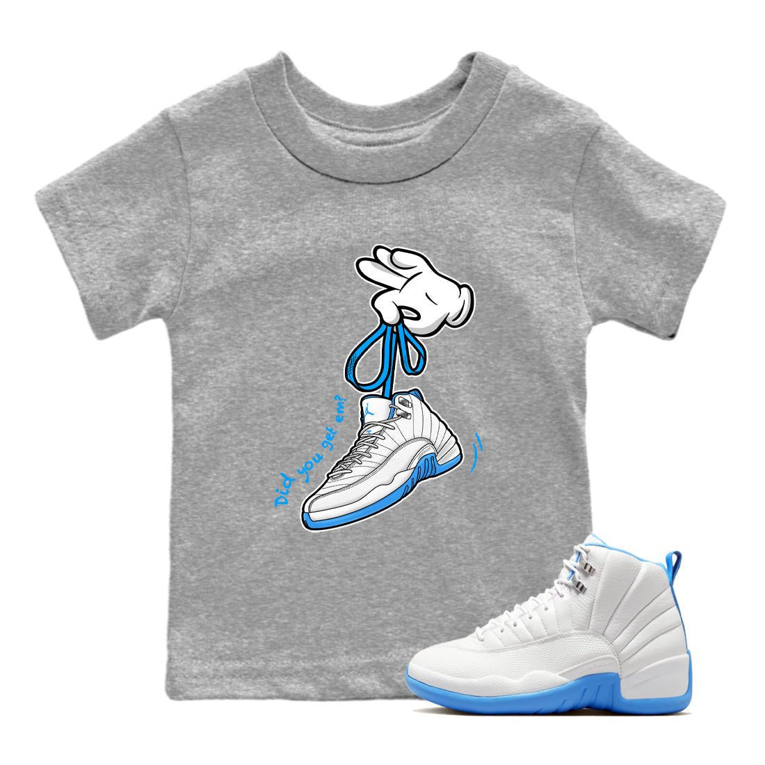 Cartoon Hands baby and kids t-shirt crafted for little sneakerheads to shine with the Air Jordan 12 White and University Blue sneakers, displayed in Heather Grey 1.