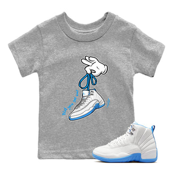 Cartoon Hands baby and kids t-shirt crafted for little sneakerheads to shine with the Air Jordan 12 White and University Blue sneakers, displayed in Heather Grey 1.
