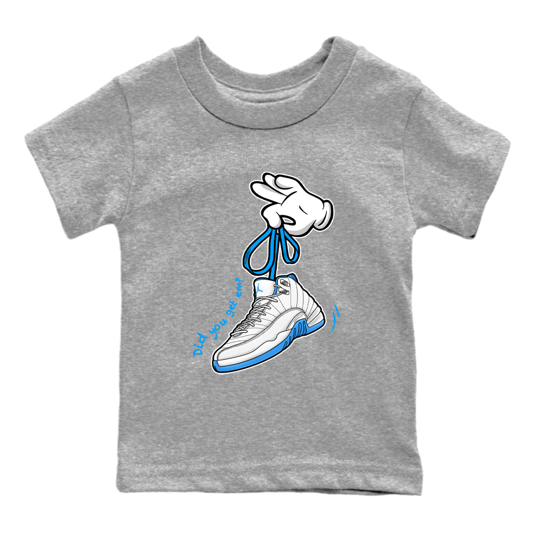 Cartoon Hands baby and kids t-shirt crafted for little sneakerheads to shine with the Air Jordan 12 White and University Blue sneakers, displayed in Heather Grey 2.