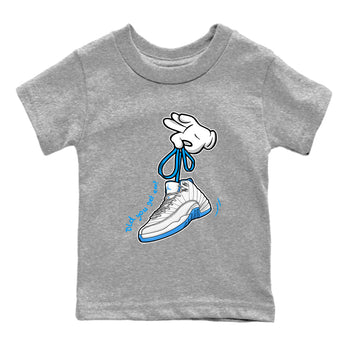 Cartoon Hands baby and kids t-shirt crafted for little sneakerheads to shine with the Air Jordan 12 White and University Blue sneakers, displayed in Heather Grey 2.