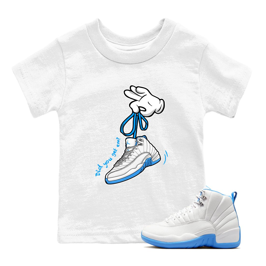 Cartoon Hands baby and kids t-shirt crafted for little sneakerheads to shine with the Air Jordan 12 White and University Blue sneakers, displayed in White 1.