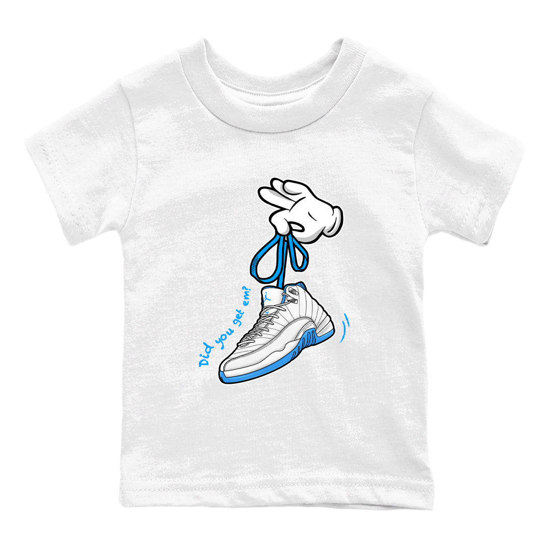 Cartoon Hands baby and kids t-shirt crafted for little sneakerheads to shine with the Air Jordan 12 White and University Blue sneakers, displayed in White 2.