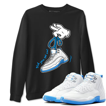 Cartoon Hands sneaker match t-shirt styled to complete your fit with the Air Jordan 12 White and University Blue sneakers, shown in Black 1.