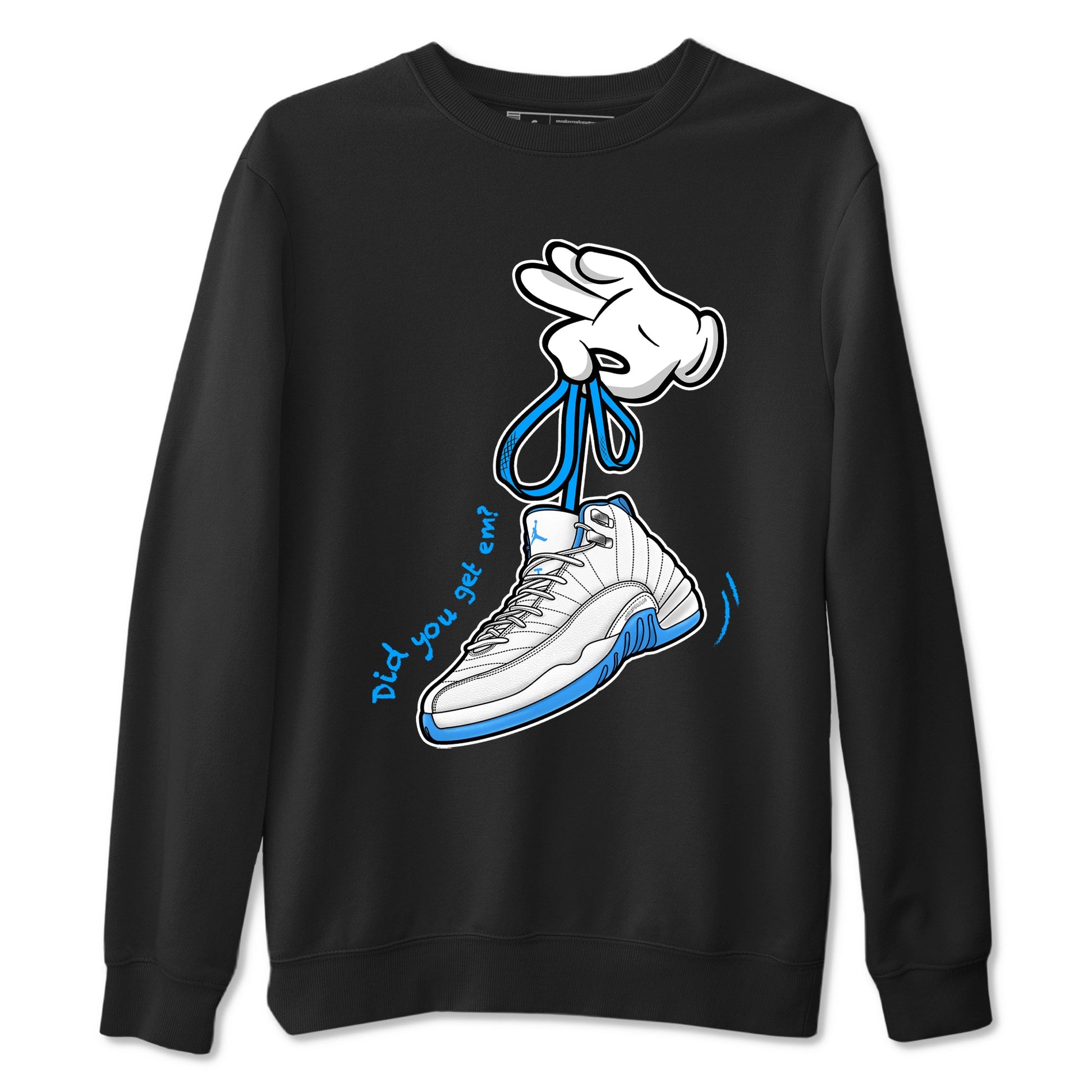 Cartoon Hands sneaker match t-shirt styled to complete your fit with the Air Jordan 12 White and University Blue sneakers, shown in Black 2.