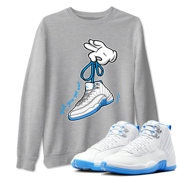 Cartoon Hands sneaker match t-shirt styled to complete your fit with the Air Jordan 12 White and University Blue sneakers, shown in Heather Grey 1.