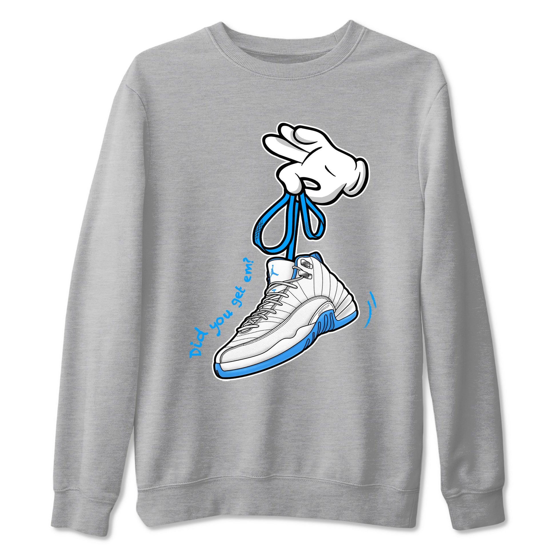 Cartoon Hands sneaker match t-shirt styled to complete your fit with the Air Jordan 12 White and University Blue sneakers, shown in Heather Grey 2.