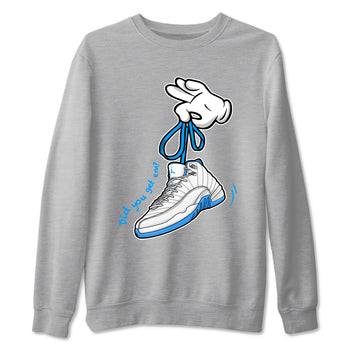 Cartoon Hands sneaker match t-shirt styled to complete your fit with the Air Jordan 12 White and University Blue sneakers, shown in Heather Grey 2.