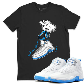 Cartoon Hands sneaker match t-shirt styled to complete your fit with the Air Jordan 12 White and University Blue sneakers, shown in Black 1.