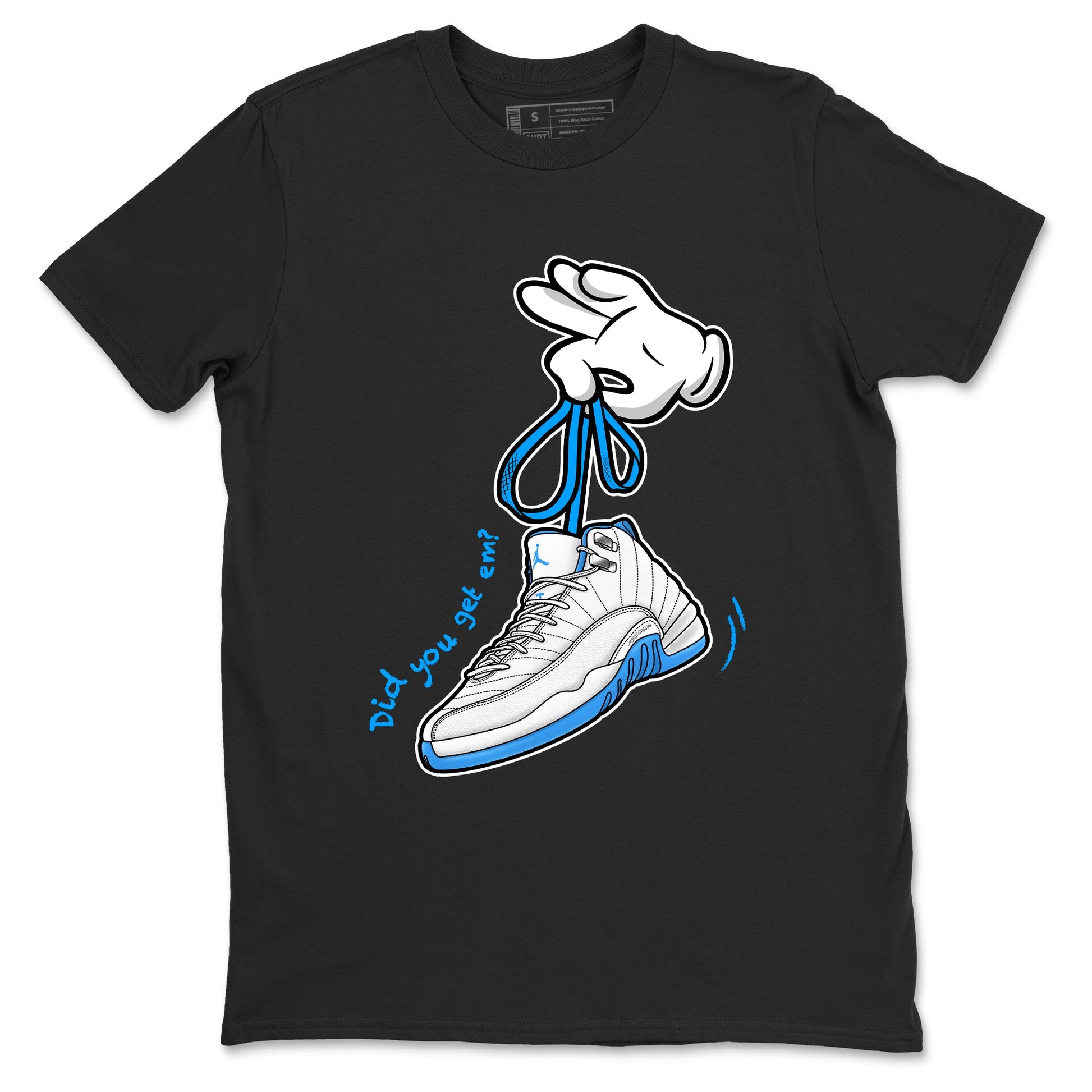 Cartoon Hands sneaker match t-shirt styled to complete your fit with the Air Jordan 12 White and University Blue sneakers, shown in Black 2.