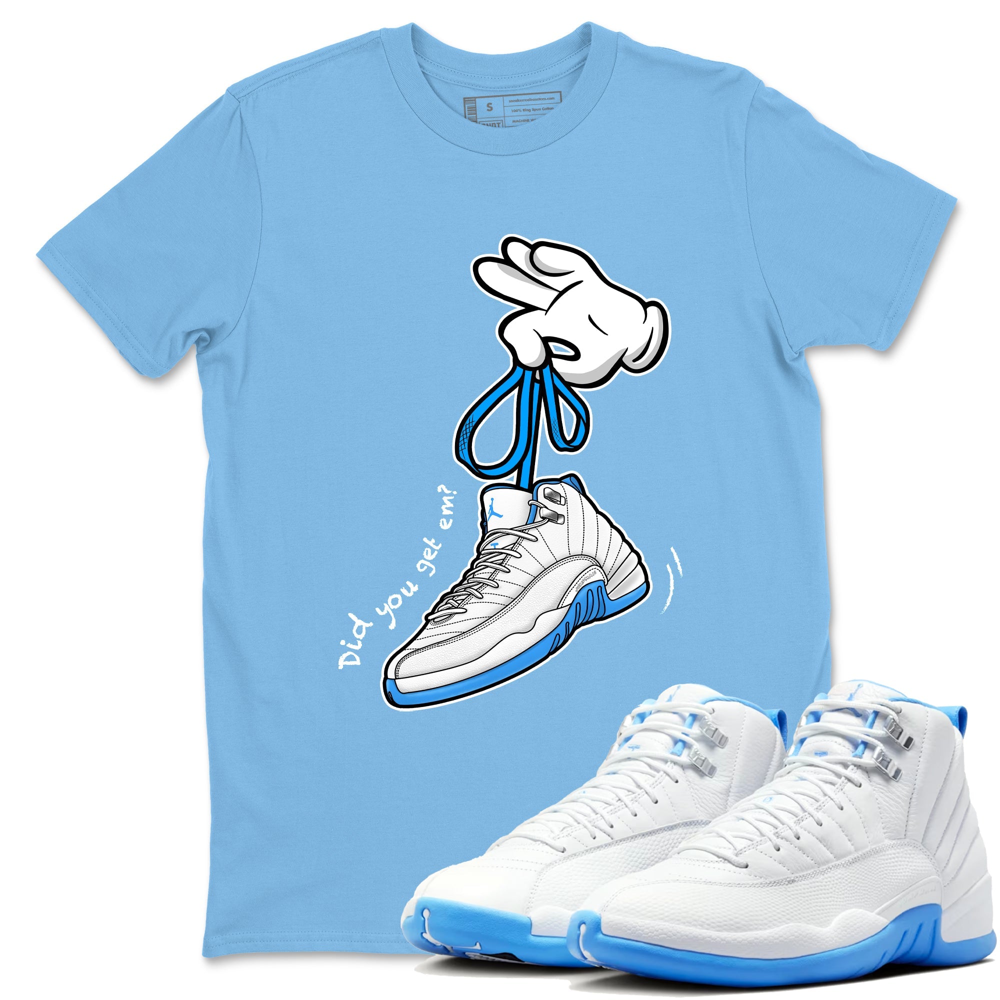 Cartoon Hands sneaker match t-shirt styled to complete your fit with the Air Jordan 12 White and University Blue sneakers, shown in Carolina Blue 1.