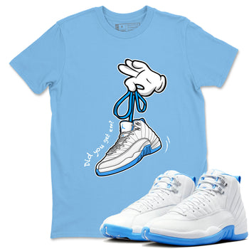 Cartoon Hands sneaker match t-shirt styled to complete your fit with the Air Jordan 12 White and University Blue sneakers, shown in Carolina Blue 1.