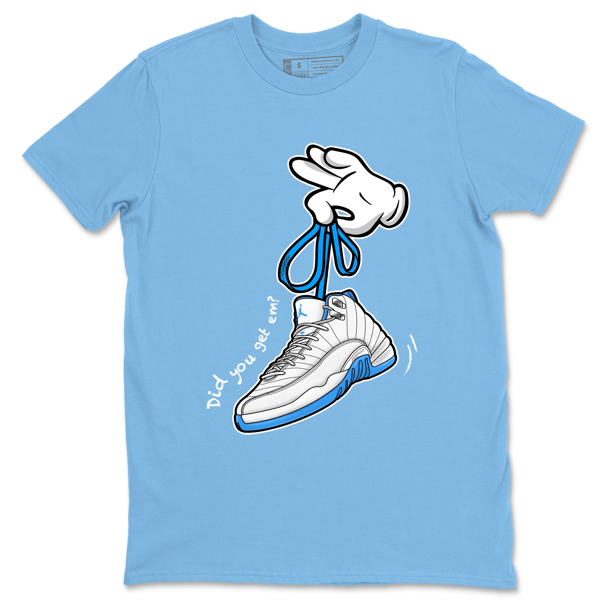 Cartoon Hands sneaker match t-shirt styled to complete your fit with the Air Jordan 12 White and University Blue sneakers, shown in Carolina Blue 2.