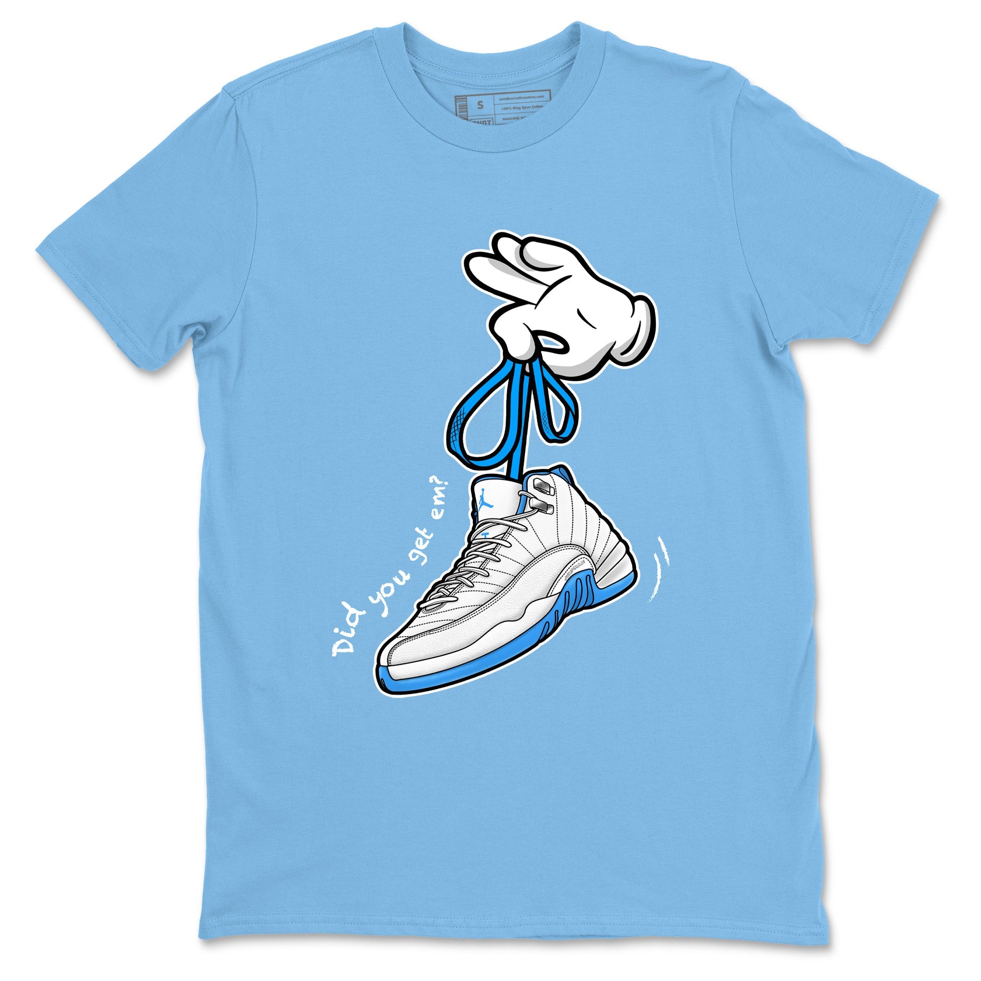 Cartoon Hands sneaker match t-shirt styled to complete your fit with the Air Jordan 12 White and University Blue sneakers, shown in Carolina Blue 2.