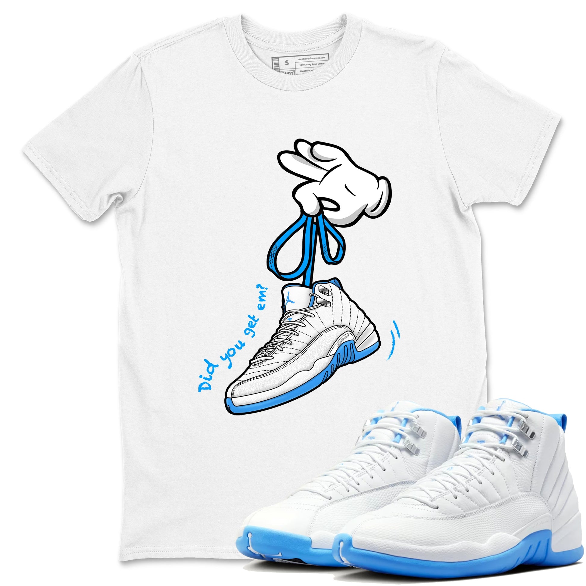 Cartoon Hands sneaker match t-shirt styled to complete your fit with the Air Jordan 12 White and University Blue sneakers, shown in White 1.