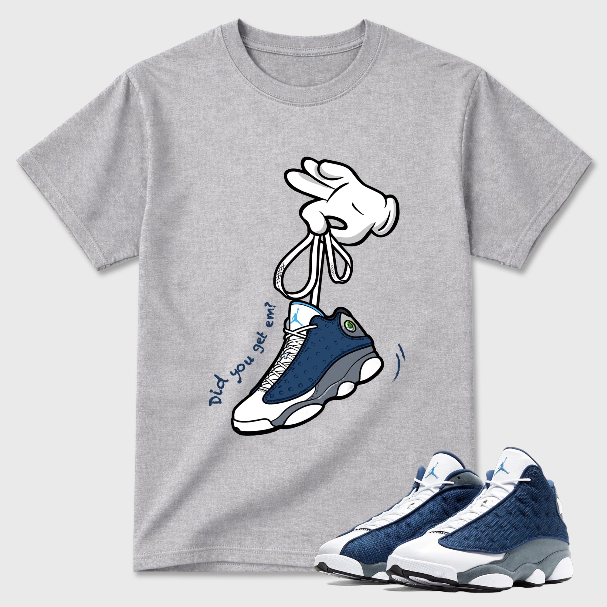 Cartoon Hands Graphic T-Shirt featuring original streetwear artwork designed to match the Air Jordan 13 Flint. Heather Grey 1 Graphic T-Shirt.