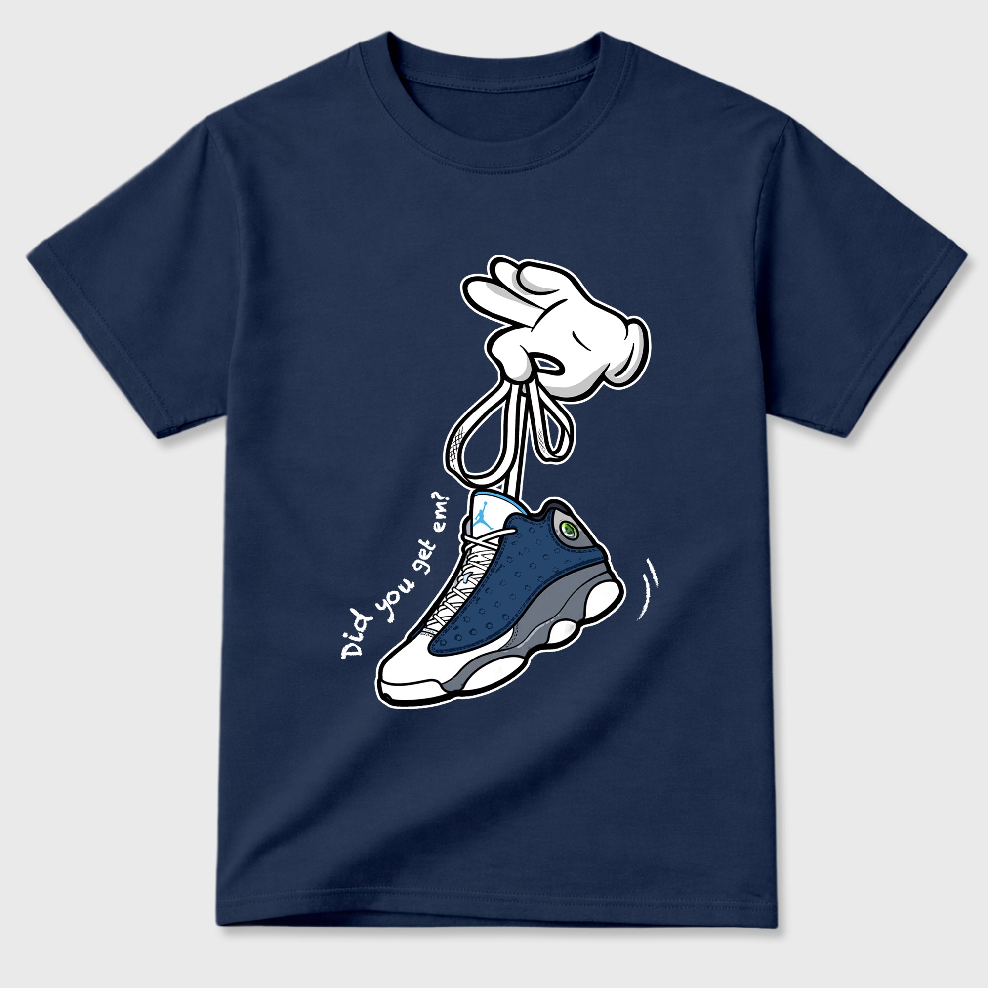 Cartoon Hands Graphic T-Shirt featuring original streetwear artwork designed to match the Air Jordan 13 Flint. Navy 2 Graphic T-Shirt.
