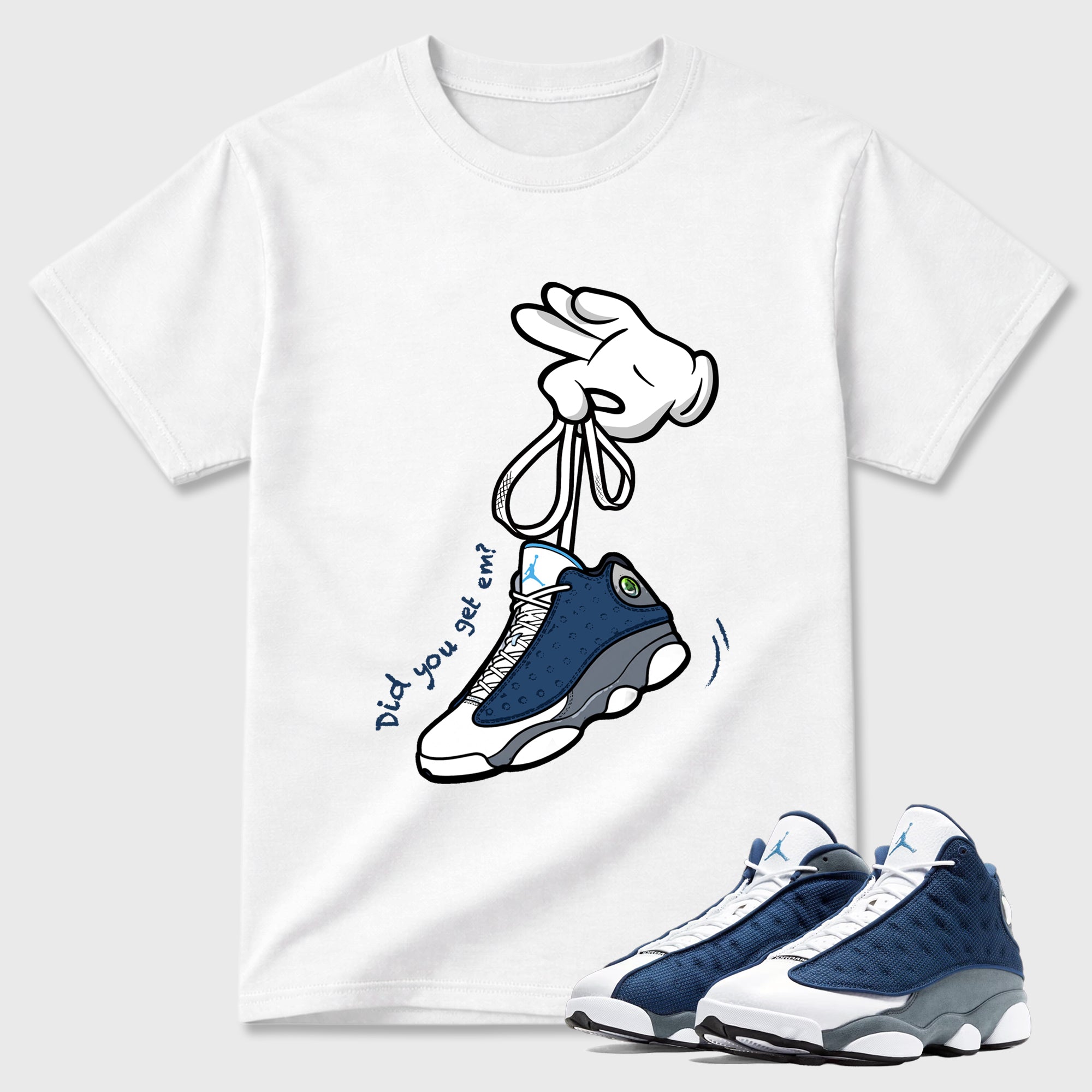Cartoon Hands Graphic T-Shirt featuring original streetwear artwork designed to match the Air Jordan 13 Flint. White 1 Graphic T-Shirt.