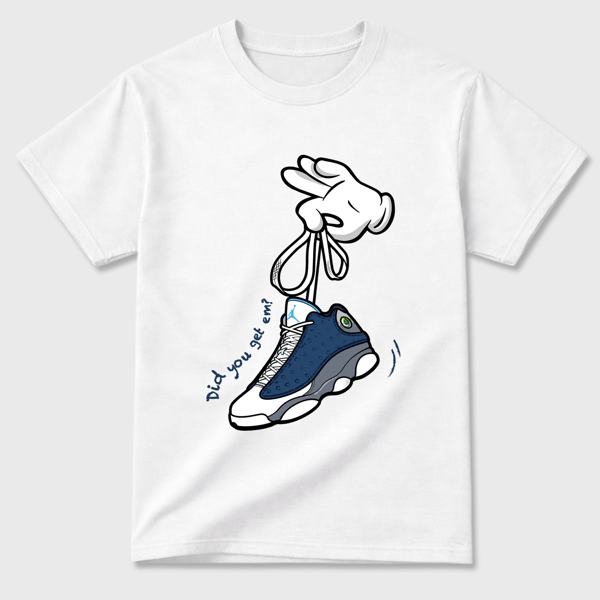 Cartoon Hands Graphic T-Shirt featuring original streetwear artwork designed to match the Air Jordan 13 Flint. White 2 Graphic T-Shirt.