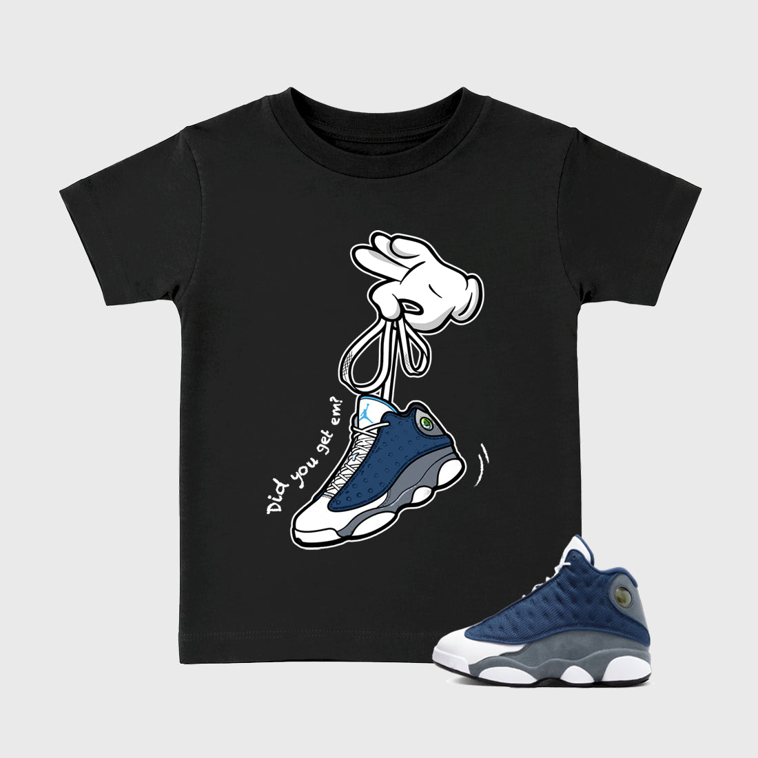 Cartoon Hands Baby & Kids Graphic T-Shirt featuring original artwork designed to match the Air Jordan 13 Flint. Black 1 Kids Graphic Tee.