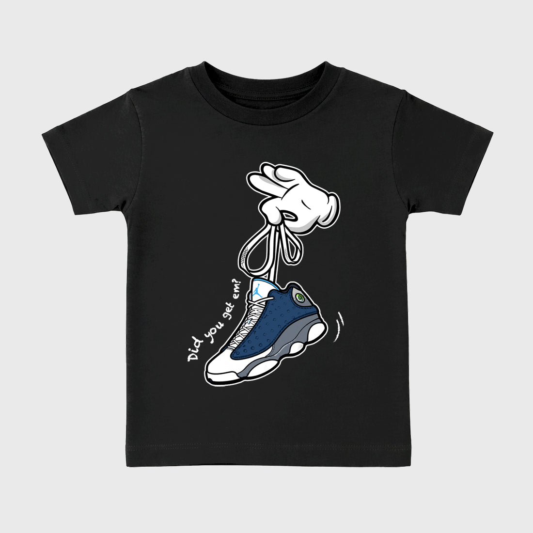 Cartoon Hands Baby & Kids Graphic T-Shirt featuring original artwork designed to match the Air Jordan 13 Flint. Black 2 Kids Graphic Tee.