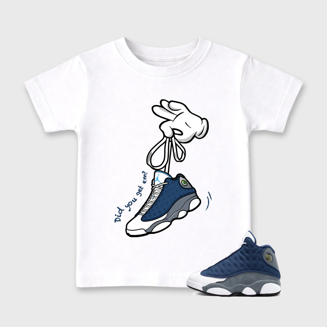 Cartoon Hands Baby & Kids Graphic T-Shirt featuring original artwork designed to match the Air Jordan 13 Flint. White 1 Kids Graphic Tee.