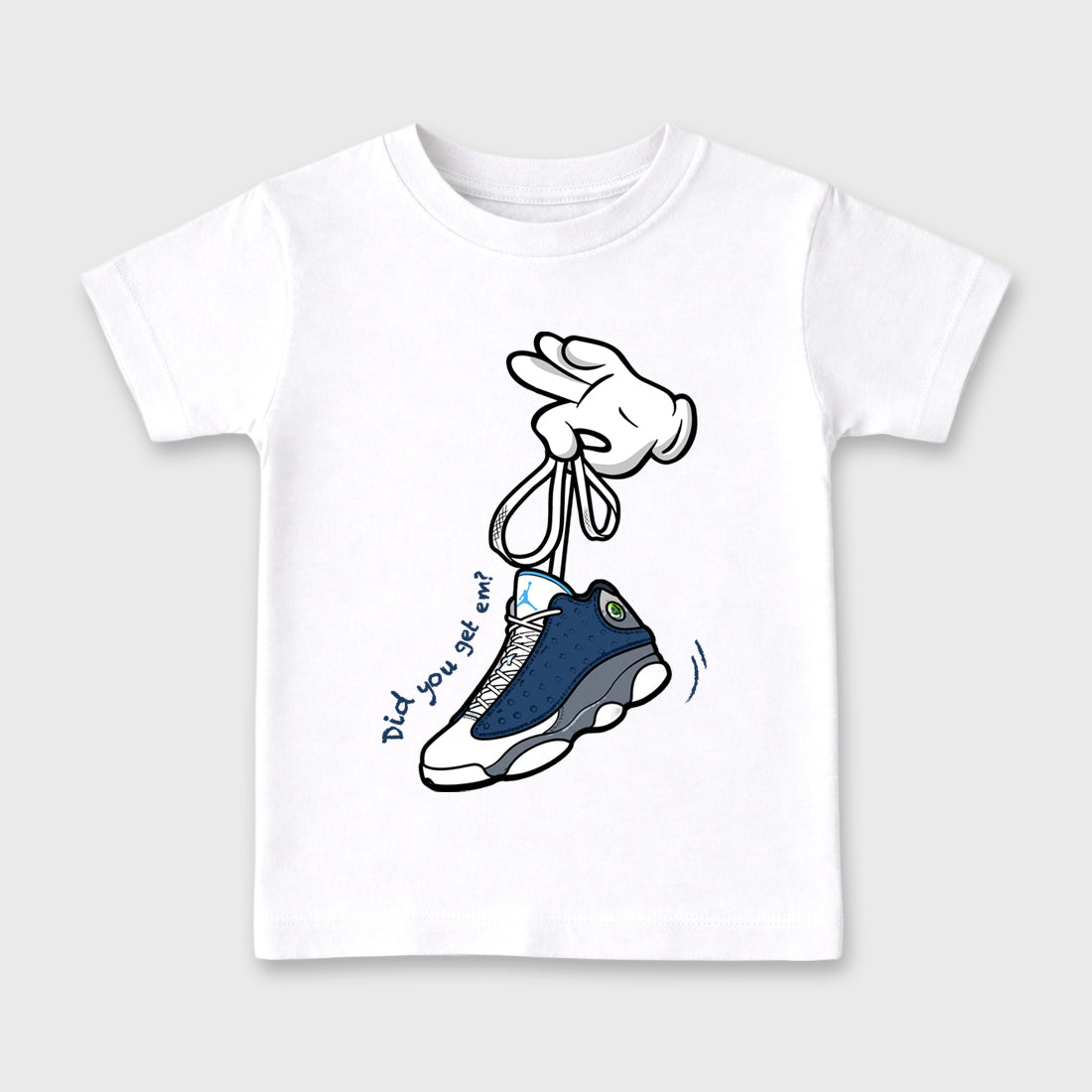 Cartoon Hands Baby & Kids Graphic T-Shirt featuring original artwork designed to match the Air Jordan 13 Flint. White 2 Kids Graphic Tee.
