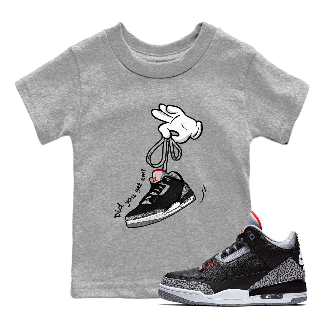 3s Black Cement shirts to match jordans Cartoon Hands sneaker match tees Air Jordan 3 Retro OG Black Cement match shoes to clothes SNRT Sneaker Tees Youth Baby Heather Grey 1 tee