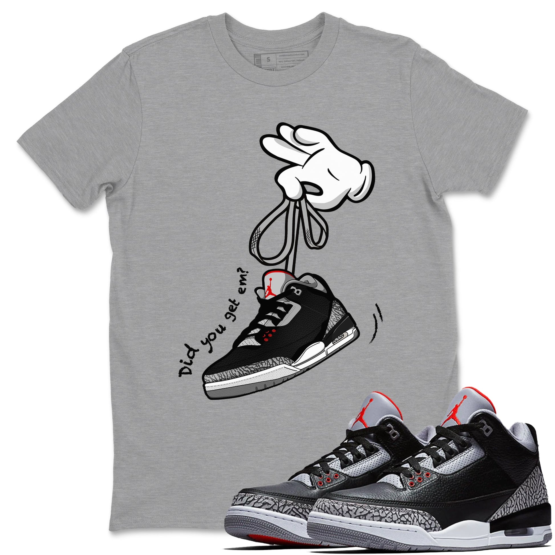3s Black Cement shirts to match jordans Cartoon Hands sneaker match tees Air Jordan 3 Retro OG Black Cement match shoes to clothes SNRT Sneaker Tees unisex cotton Heather Grey 1 shirts