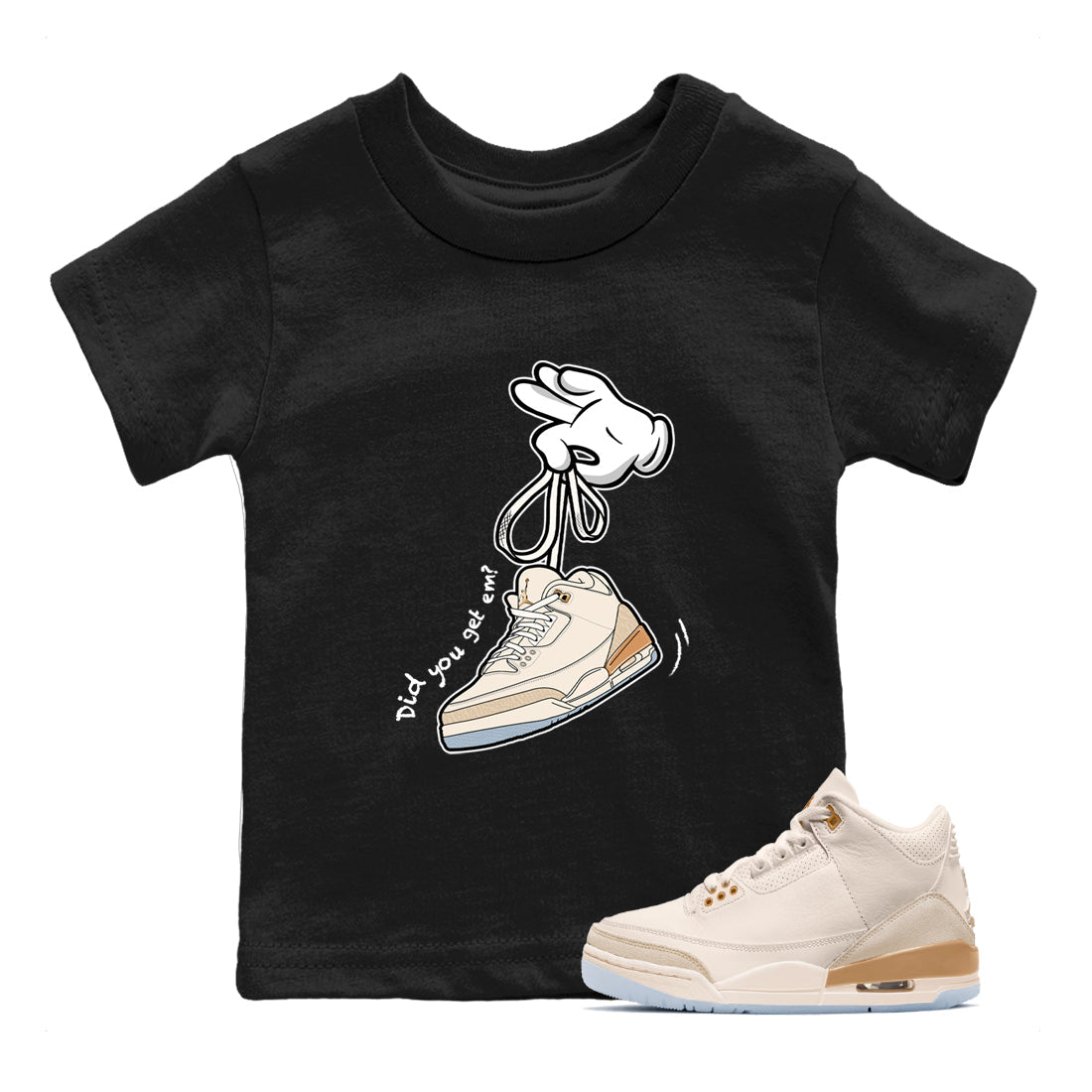 Best Christmas gifts for sneakerheads  – Sneaker Tees To Match Air Jordan 3 Champagne and Oysters Sneakers – Cartoon Hands Kids T-Shirt Black 1