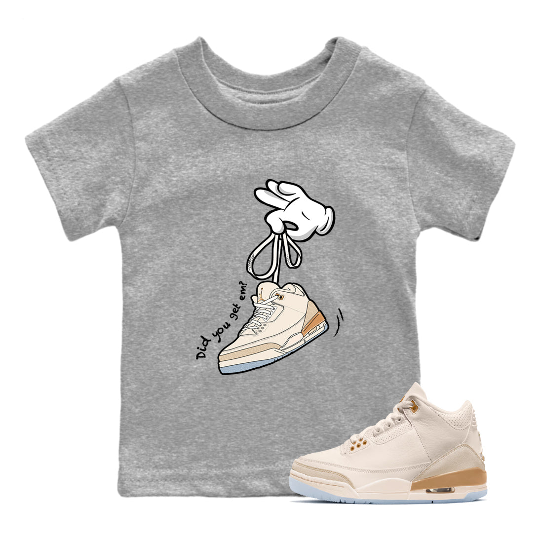 Best Christmas gifts for sneakerheads  – Sneaker Tees To Match Air Jordan 3 Champagne and Oysters Sneakers – Cartoon Hands Kids T-Shirt Heather Grey 1