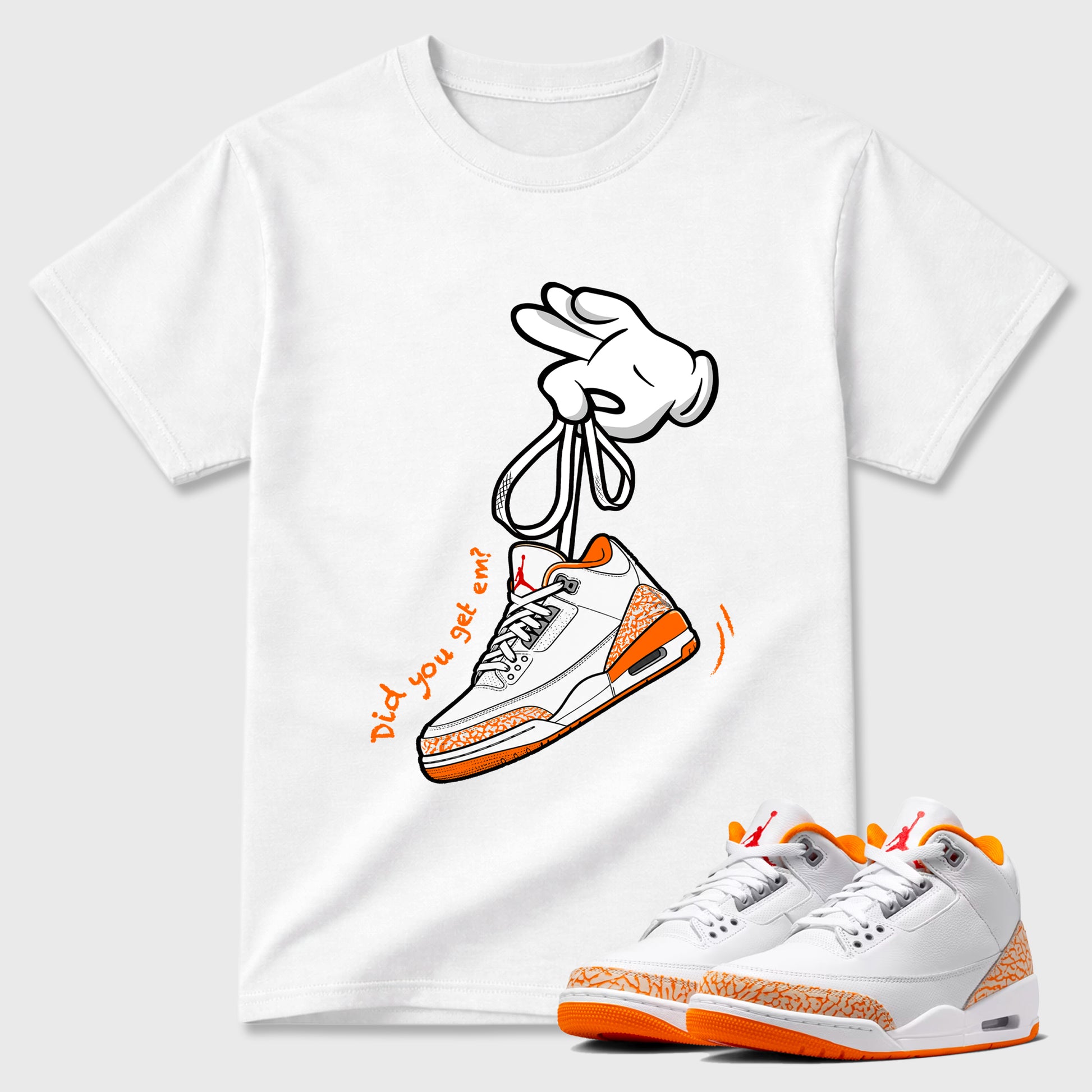 Sneaker match tees – Sneaker Tees To Match Air Jordan 3 Orange Citrus Shoes – Cartoon Hands Tee White 1