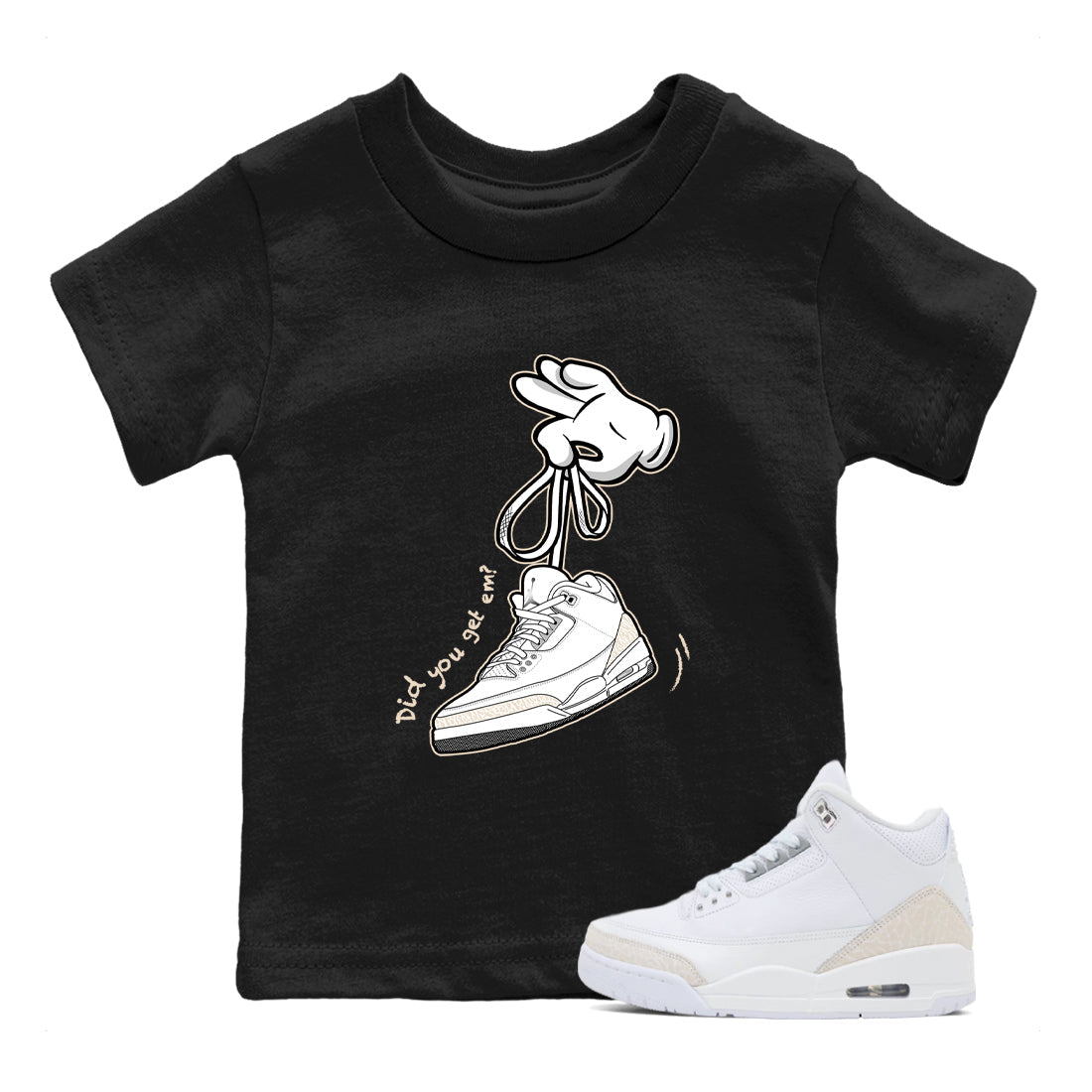 Cartoon Hands baby and kids t-shirt crafted for little sneakerheads to shine with the Air Jordan 3 Pure Money sneakers, displayed in Black 1.