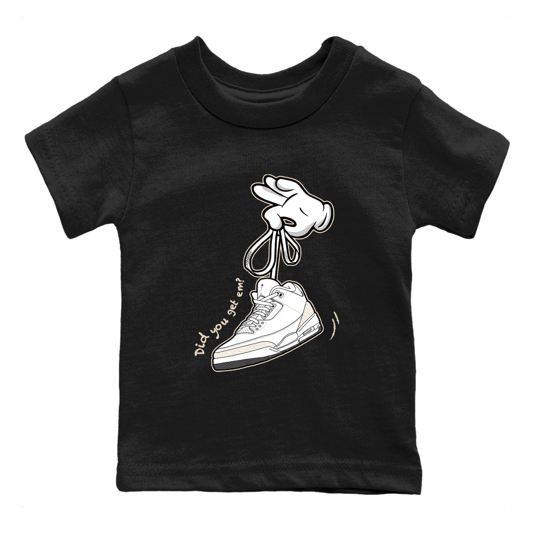 Cartoon Hands baby and kids t-shirt crafted for little sneakerheads to shine with the Air Jordan 3 Pure Money sneakers, displayed in Black 2.