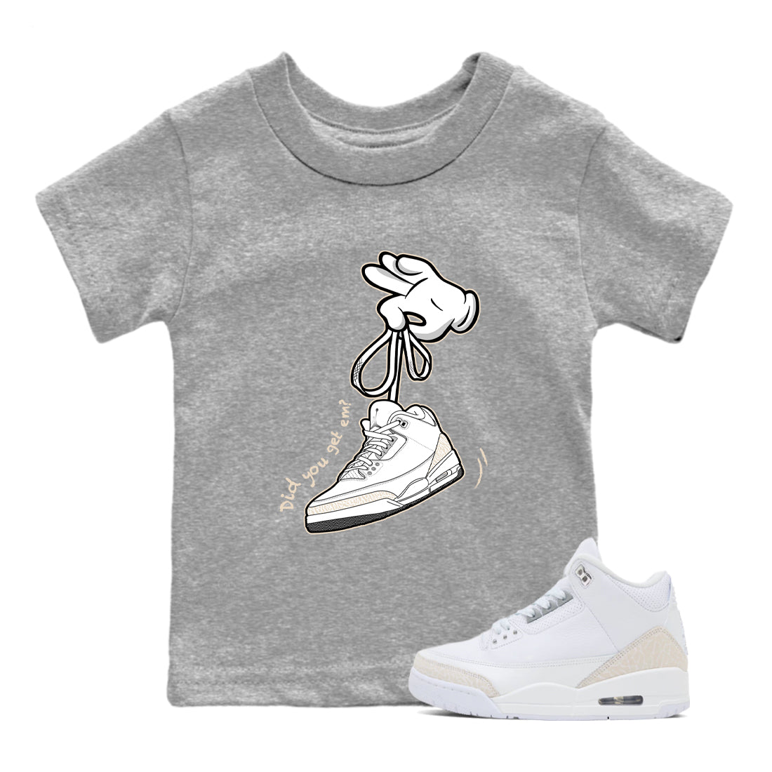 Cartoon Hands baby and kids t-shirt crafted for little sneakerheads to shine with the Air Jordan 3 Pure Money sneakers, displayed in Heather Grey 1.