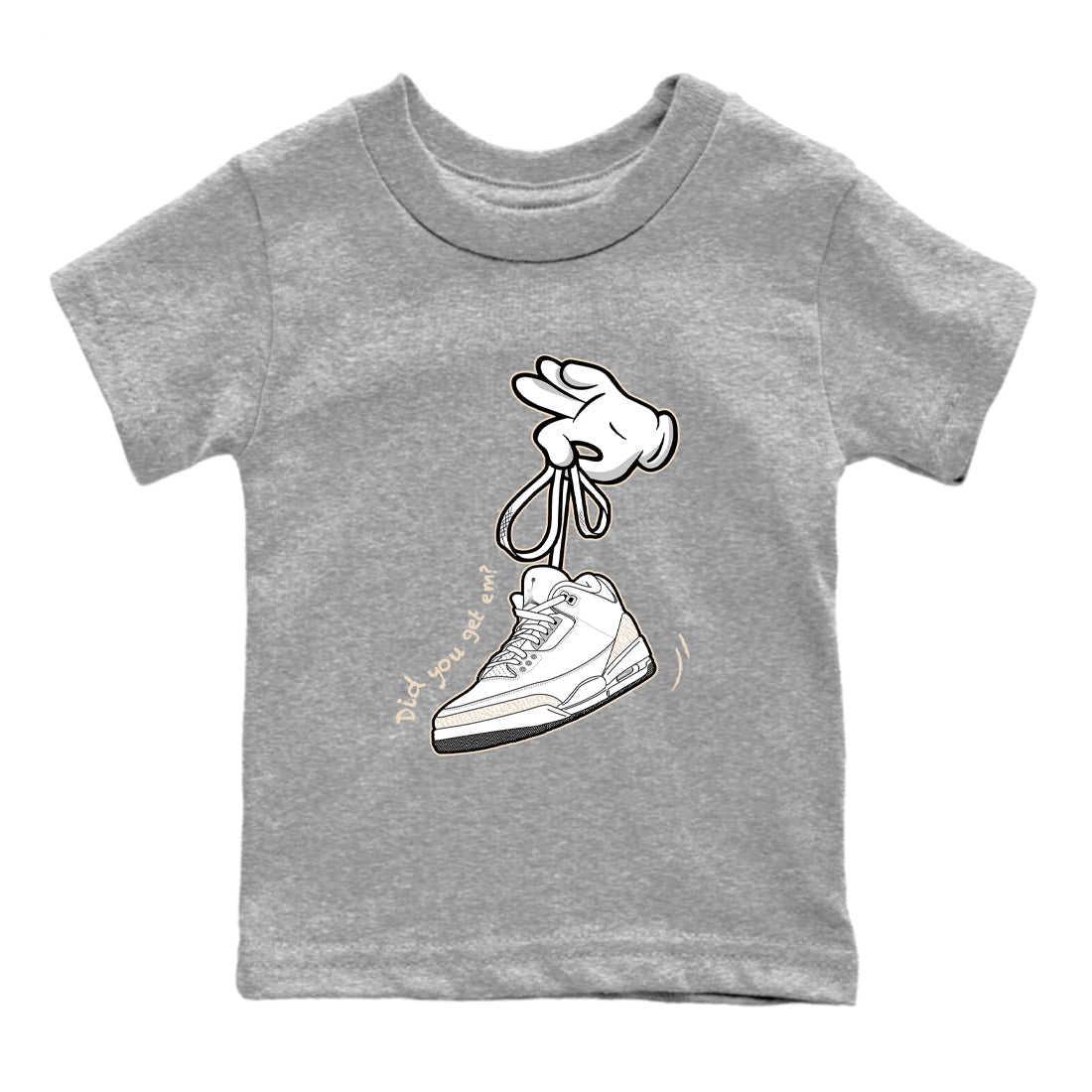 Cartoon Hands baby and kids t-shirt crafted for little sneakerheads to shine with the Air Jordan 3 Pure Money sneakers, displayed in Heather Grey 2.